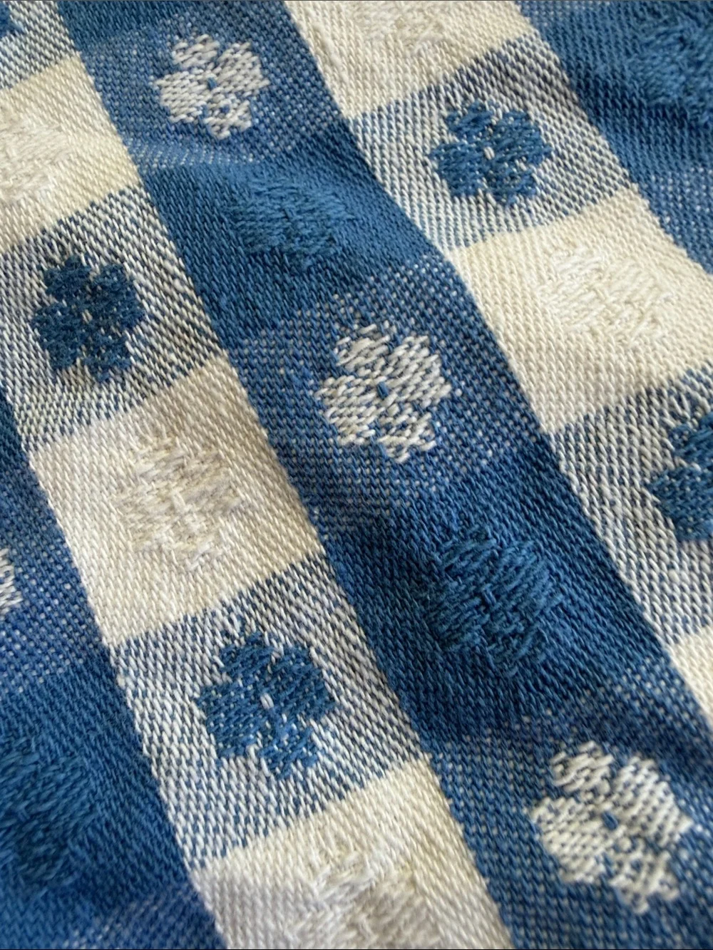 Blue and White Gingham Checkered Round Slightly Oval Linen Tablecloth